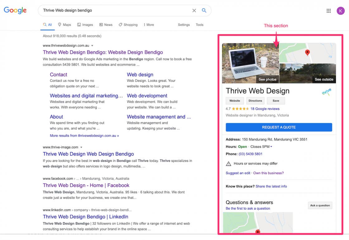 google biz listing on search